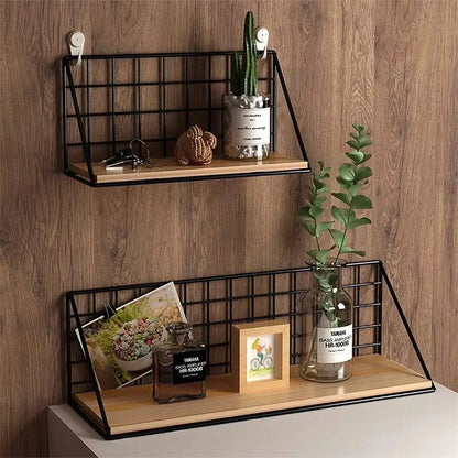 Industrial black and wood wall mounted shelves – kitchen storage basket