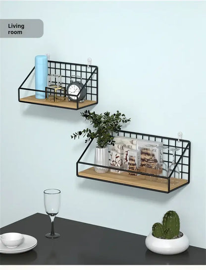 Industrial black and wood wall mounted shelves – kitchen storage basket