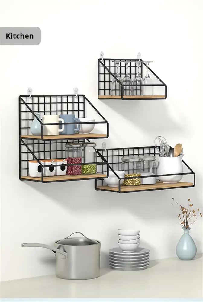 Industrial black and wood wall mounted shelves – kitchen storage basket