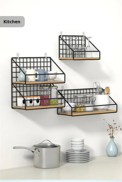 Industrial black and wood wall mounted shelves – kitchen storage basket