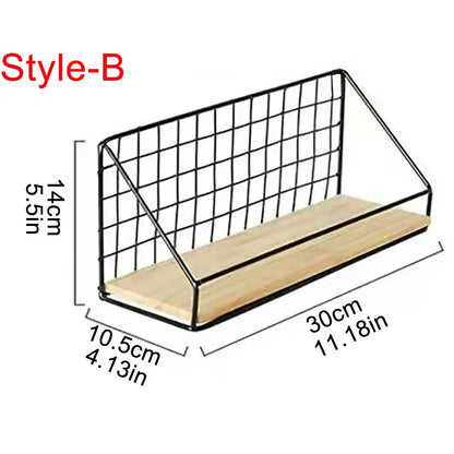 Industrial black and wood wall mounted shelves – kitchen storage basket