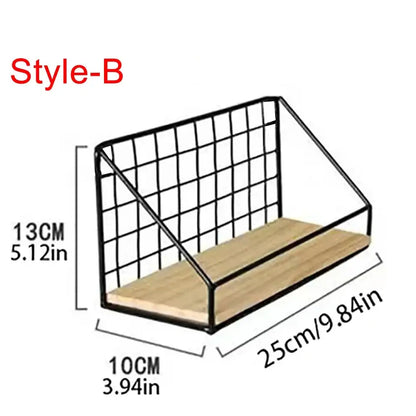 Industrial black and wood wall mounted shelves – kitchen storage basket