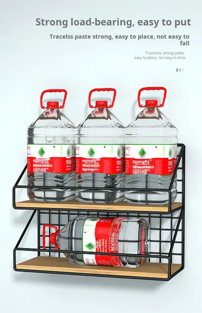 Industrial black and wood wall mounted shelves – kitchen storage basket