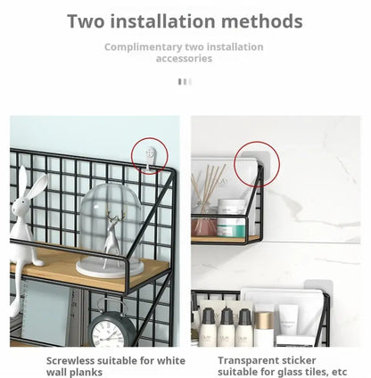 Industrial black and wood wall mounted shelves – kitchen storage basket