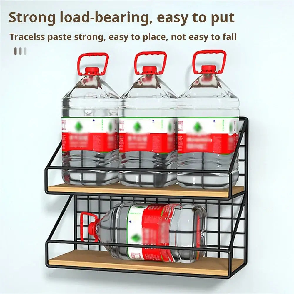 Industrial black and wood wall mounted shelves – kitchen storage basket