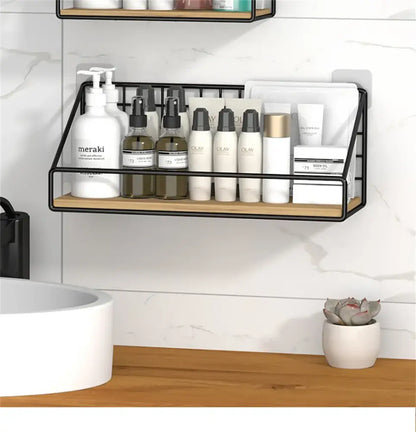 Industrial black and wood wall mounted shelves – kitchen storage basket