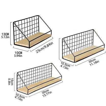 Industrial black and wood wall mounted shelves – kitchen storage basket