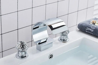Luxury gold waterfall bathroom basin faucet with crystal knob