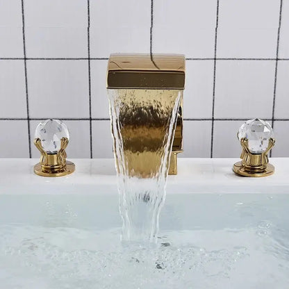 Luxury gold waterfall bathroom basin faucet with crystal knob