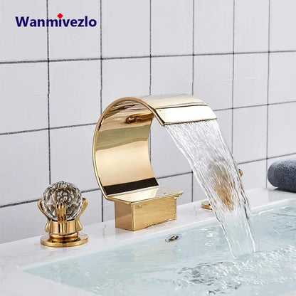 Luxury gold waterfall bathroom basin faucet with crystal knob
