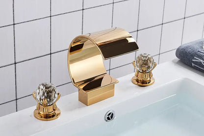 Luxury gold waterfall bathroom basin faucet with crystal knob