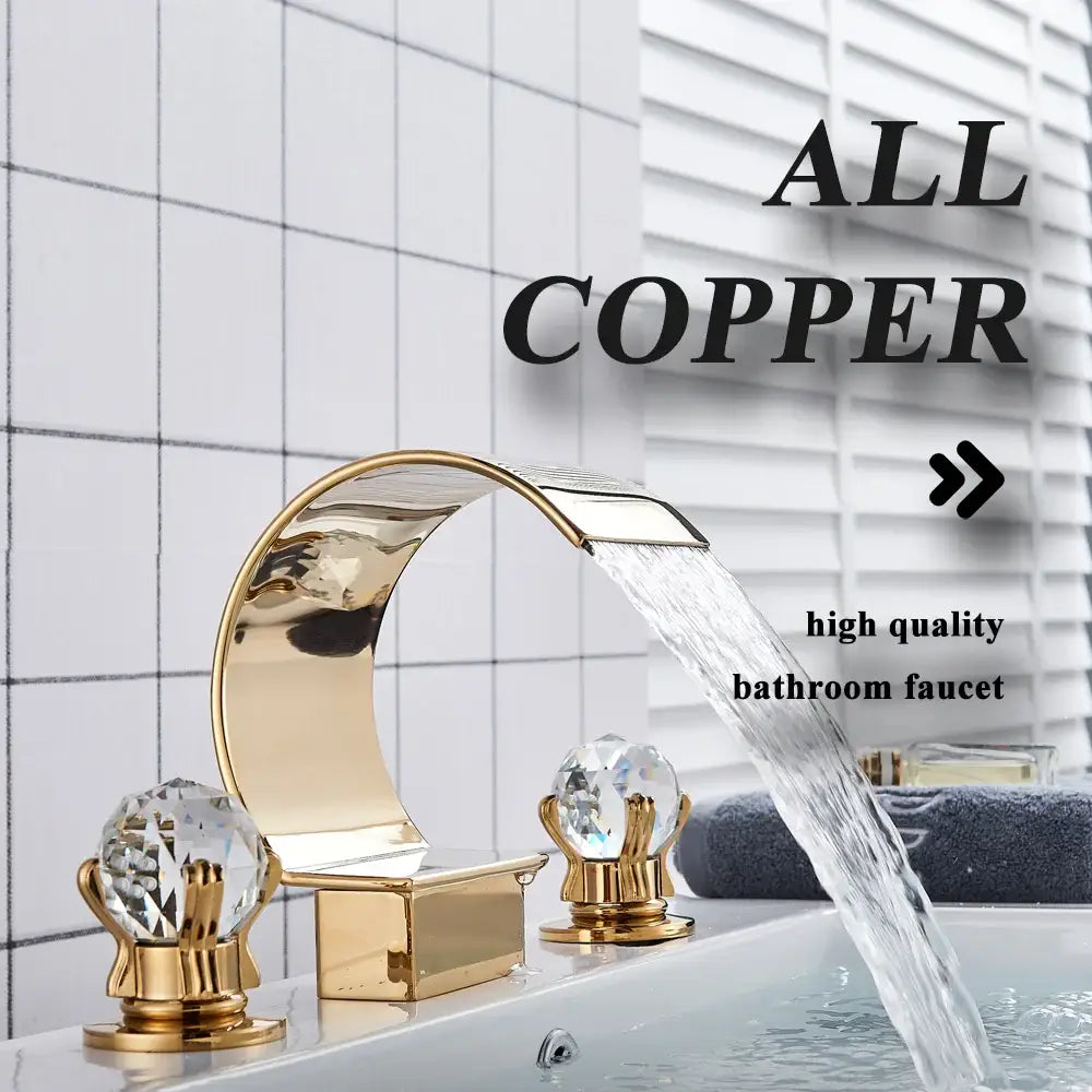 Luxury gold waterfall bathroom basin faucet with crystal knob