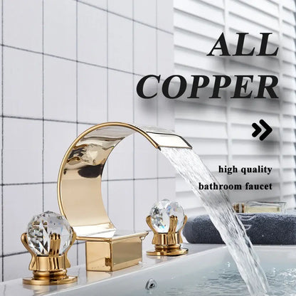 Luxury gold waterfall bathroom basin faucet with crystal knob