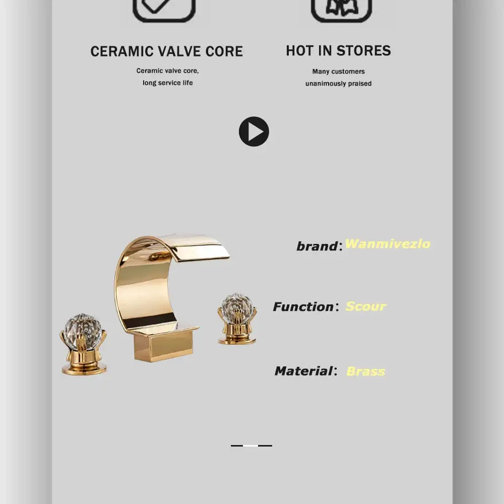 Luxury gold waterfall bathroom basin faucet with crystal knob