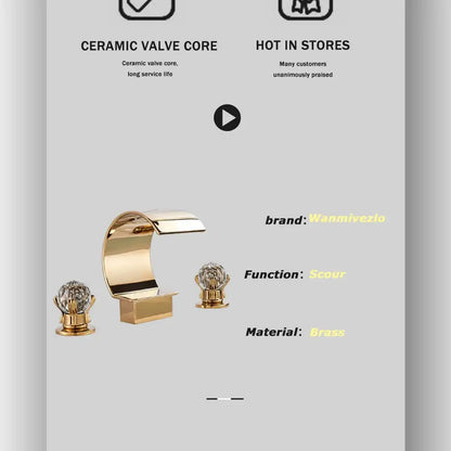Luxury gold waterfall bathroom basin faucet with crystal knob