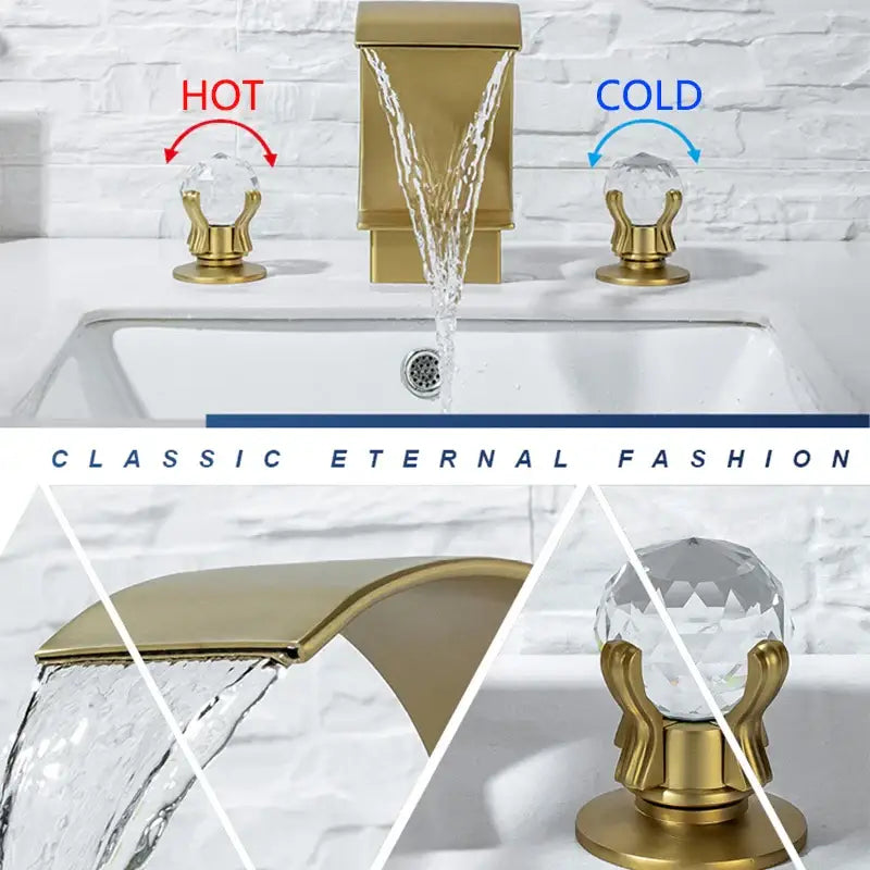 Luxury gold waterfall bathroom basin faucet with crystal knob