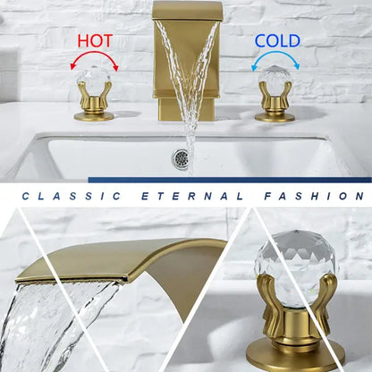 Luxury gold waterfall bathroom basin faucet with crystal knob