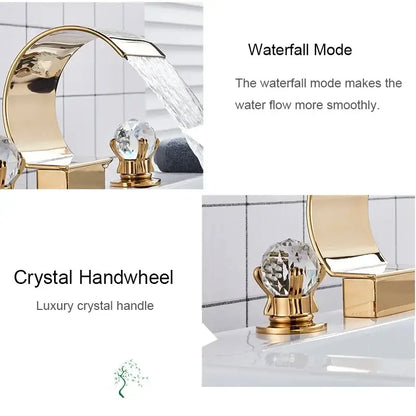 Luxury gold waterfall bathroom basin faucet with crystal knob