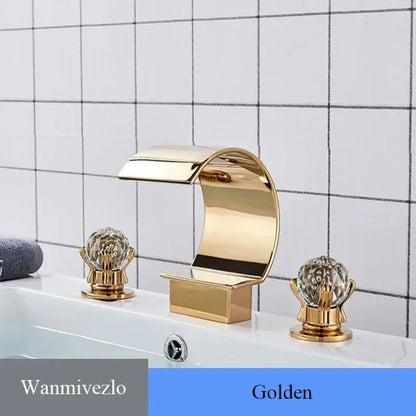 Luxury gold waterfall bathroom basin faucet with crystal knob