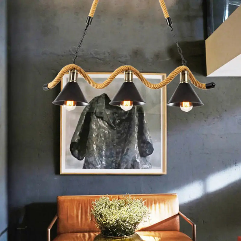 Industrial wavy hemp rope island light with black metal shade kitchen