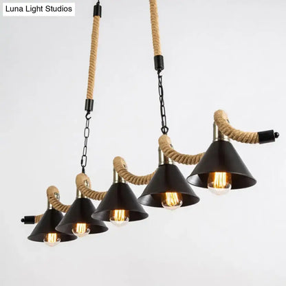 Industrial wavy hemp rope island light with black metal shade kitchen