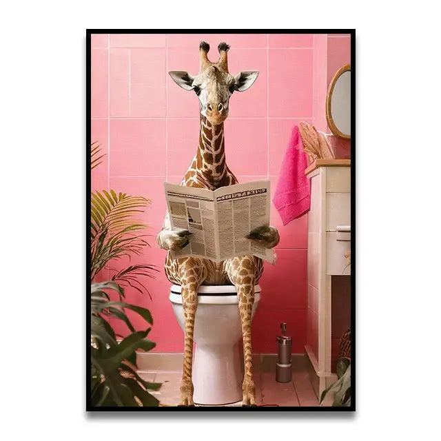 Whimsical pink and white cat bathroom wall art print