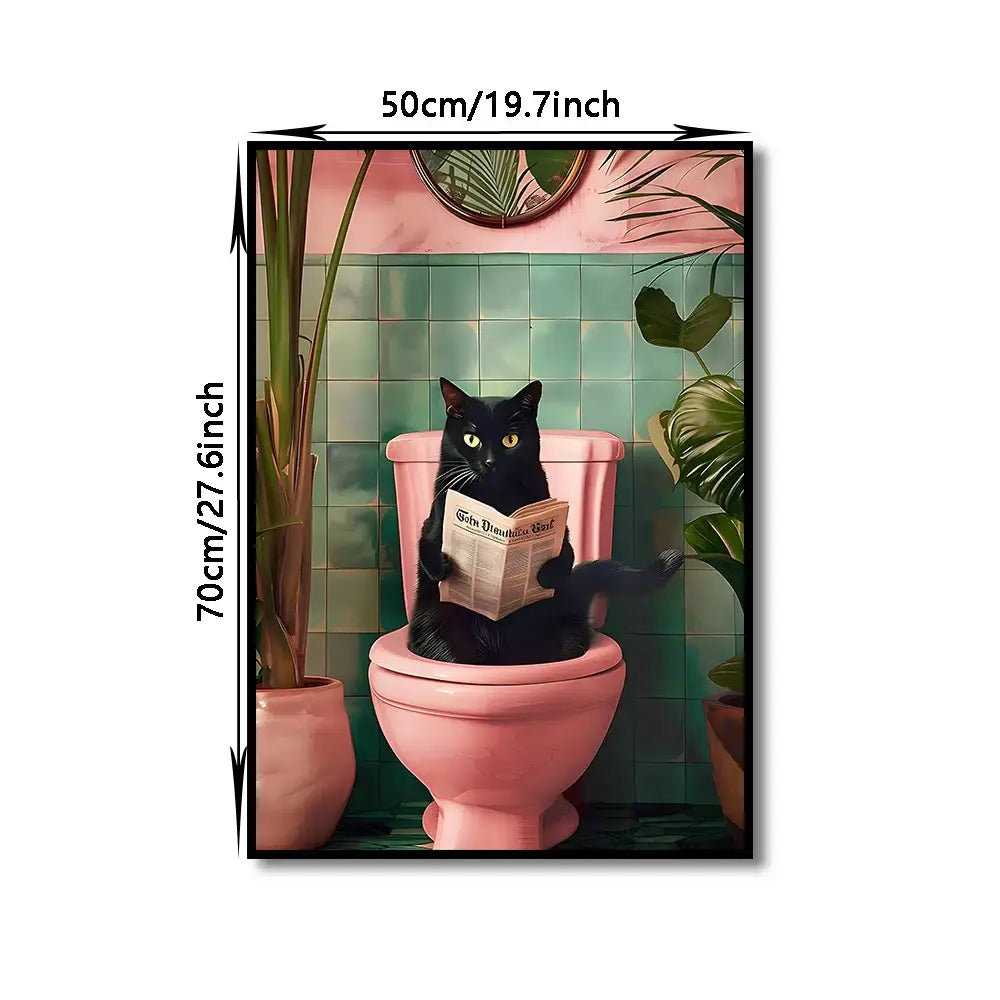 Whimsical pink and white cat bathroom wall art print