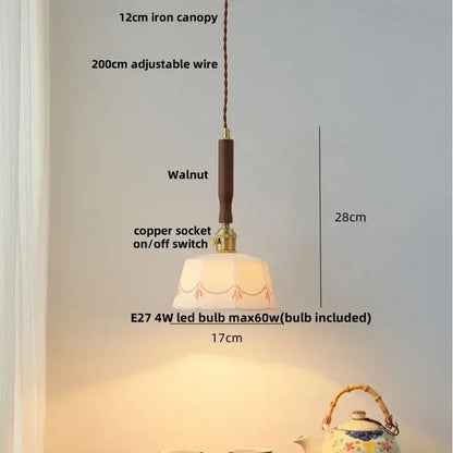 Vintage cream ribbed white ceramic led pendant light kitchen wood accent