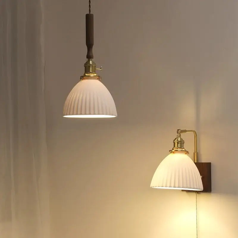 Vintage cream ribbed white ceramic led pendant light kitchen wood accent