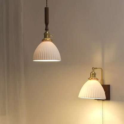 Vintage cream ribbed white ceramic led pendant light kitchen wood accent