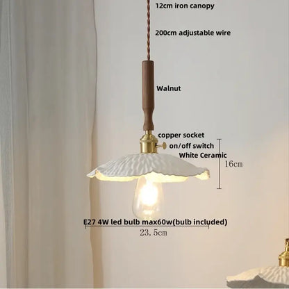 Vintage cream ribbed white ceramic led pendant light kitchen wood accent