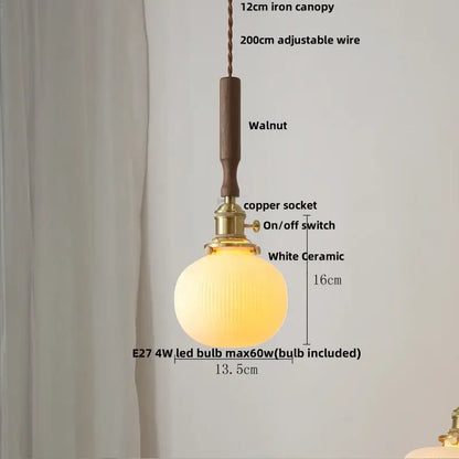 Vintage cream ribbed white ceramic led pendant light kitchen wood accent