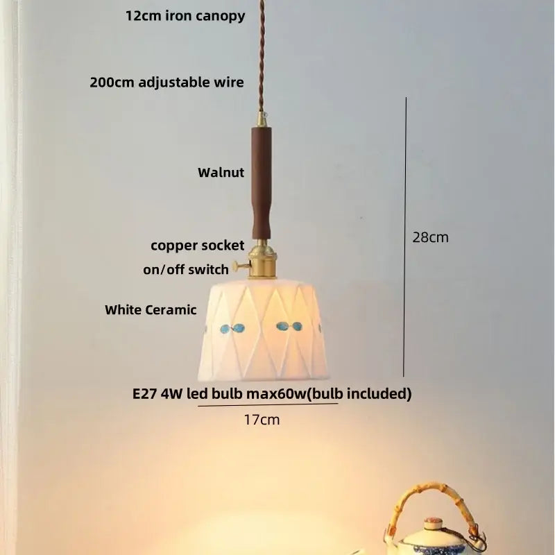 Vintage cream ribbed white ceramic led pendant light kitchen wood accent