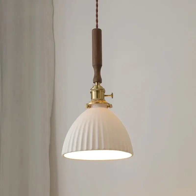 Vintage cream ribbed white ceramic led pendant light kitchen wood accent