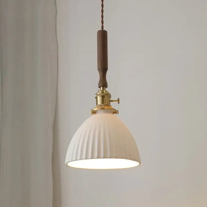 Vintage cream ribbed white ceramic led pendant light kitchen wood accent