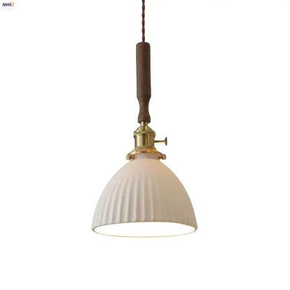 Vintage cream ribbed white ceramic led pendant light kitchen wood accent