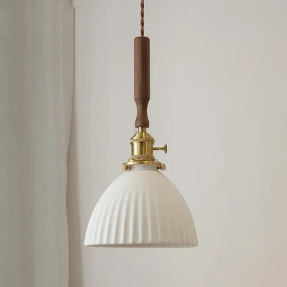 Vintage cream ribbed white ceramic led pendant light kitchen wood accent