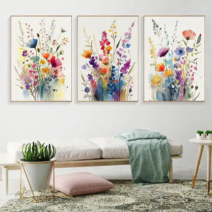 Wildflowers watercolour canvas wall art set – living room posters