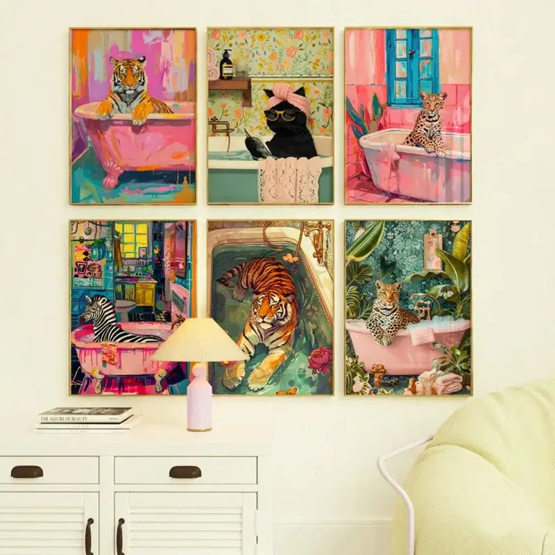 Pink tiger convertible wildlife bathroom canvas painting