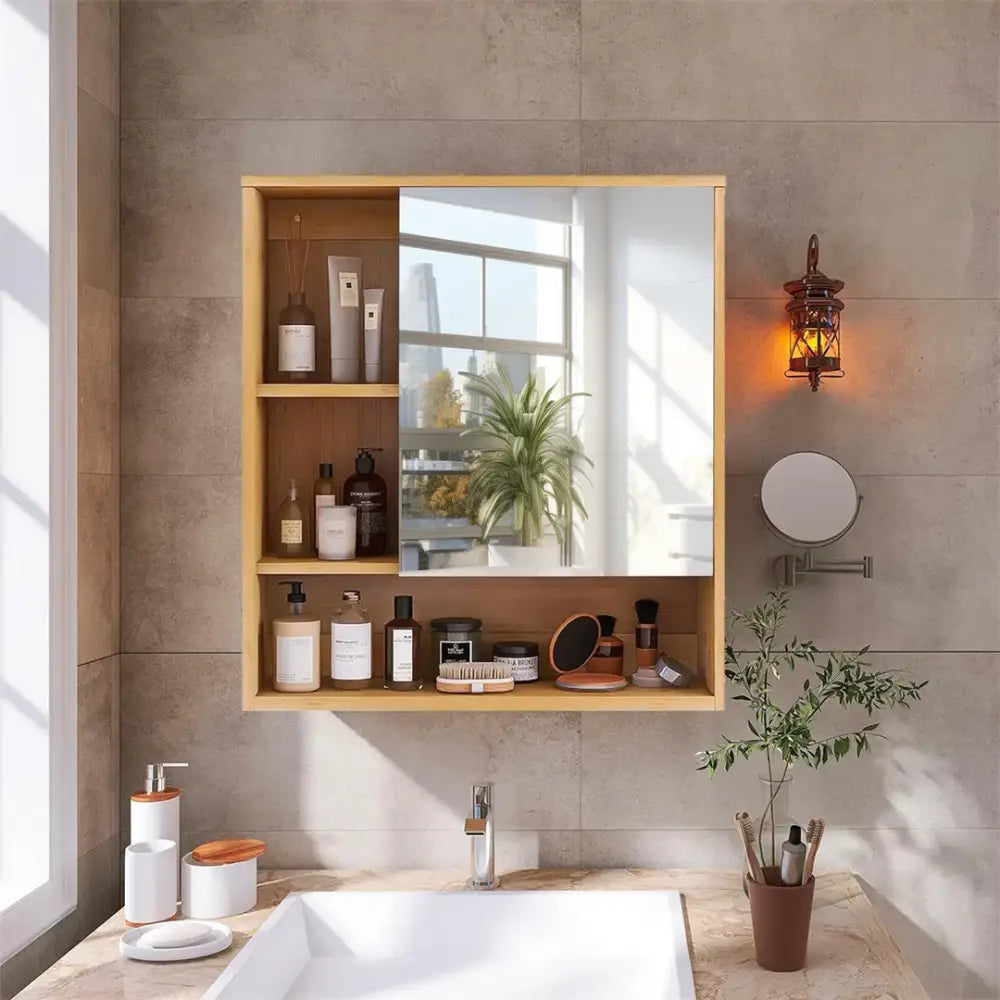 Light wood medicine cabinet with mirror and shelving bathroom storage