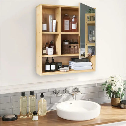 Light wood medicine cabinet with mirror and shelving bathroom storage