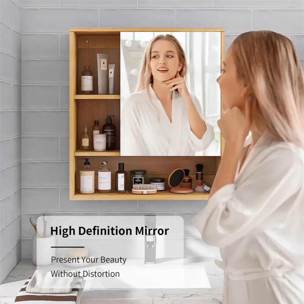 Light wood medicine cabinet with mirror and shelving bathroom storage
