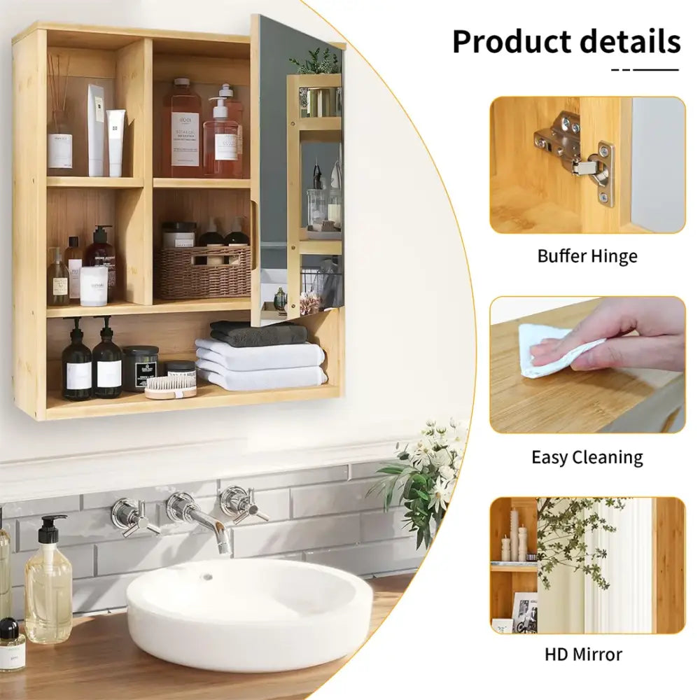 Light wood medicine cabinet with mirror and shelving bathroom storage