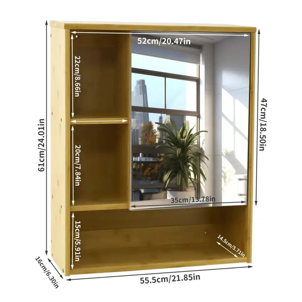 Light wood medicine cabinet with mirror and shelving bathroom storage