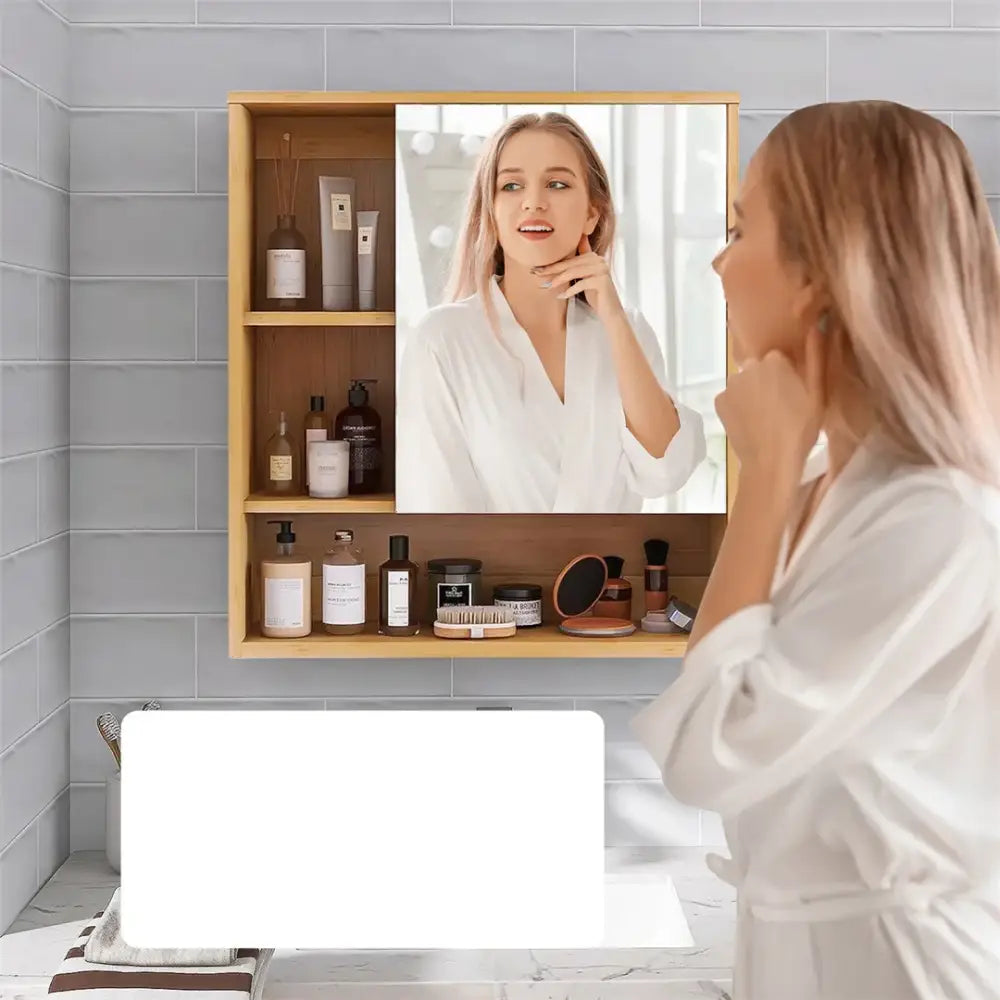 Light wood medicine cabinet with mirror and shelving bathroom storage