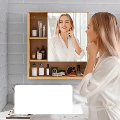 Light wood medicine cabinet with mirror and shelving bathroom storage