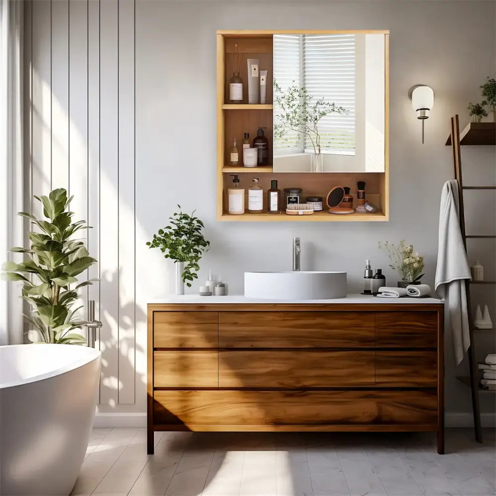 Light wood medicine cabinet with mirror and shelving bathroom storage