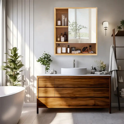 Light wood medicine cabinet with mirror and shelving bathroom storage