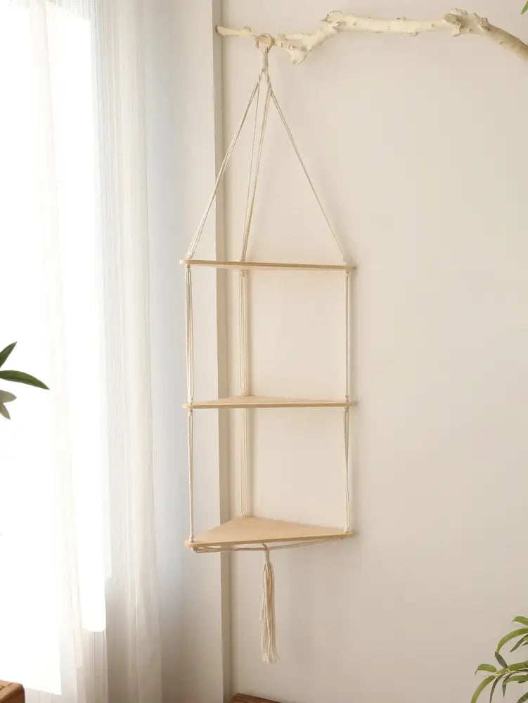 Boho black wooden corner shelf living room macrame wall decor