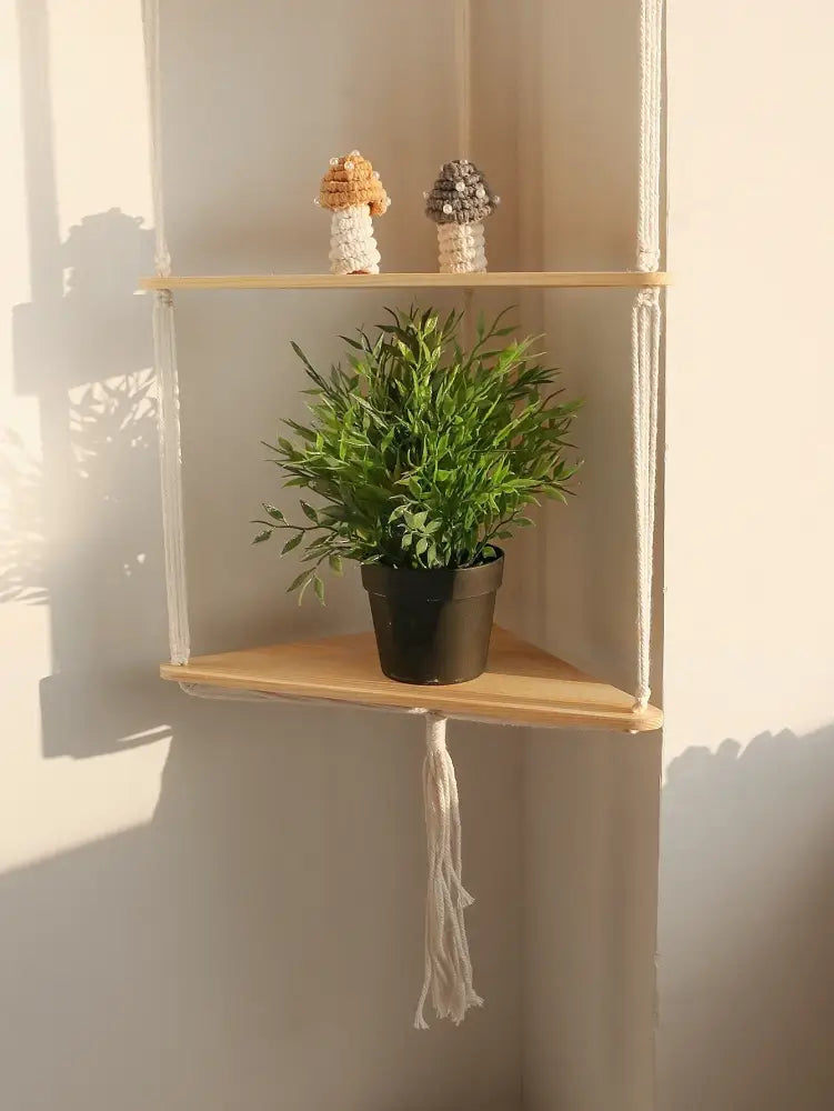 Boho black wooden corner shelf living room macrame wall decor